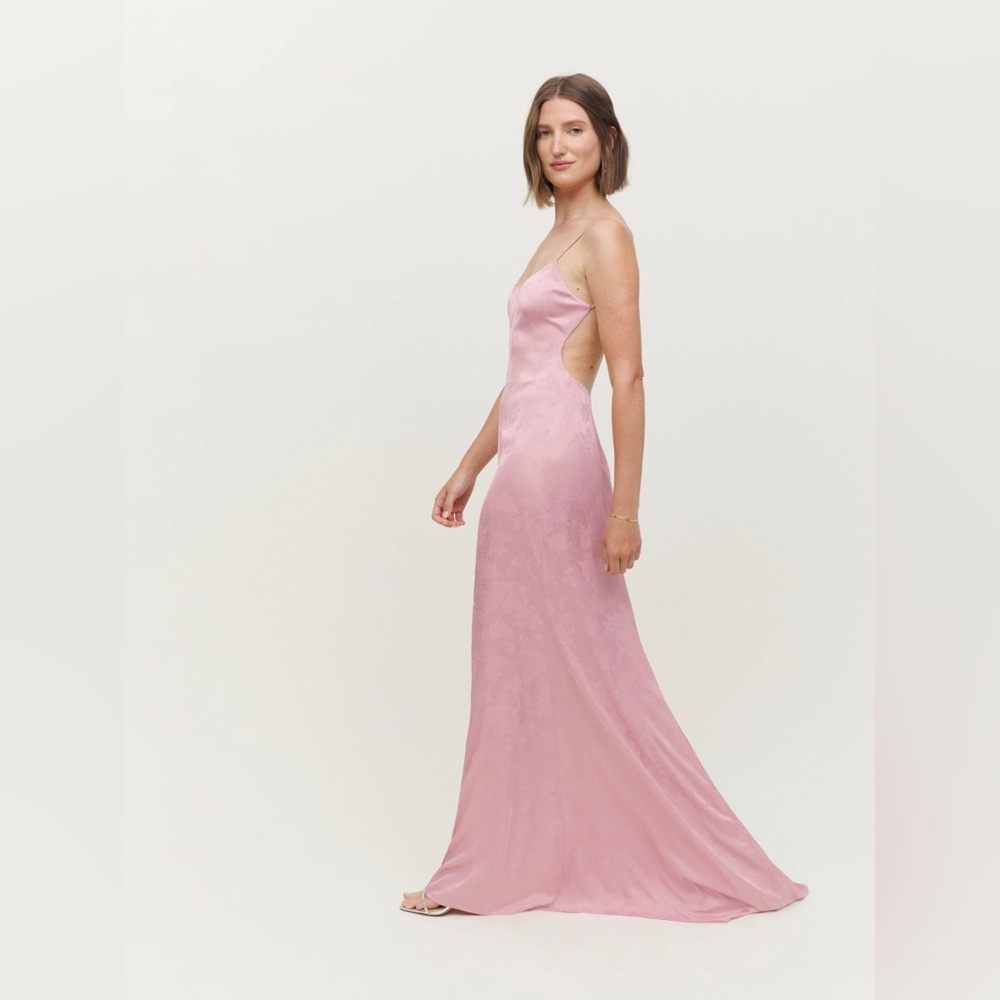 Reformation Allium Dress, pink silky, low back, train, deadstock fabric